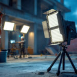 A photograph of a portable led lighting setup in use at a construction site or outdoor event