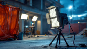 A photograph of a portable led lighting setup in use at a construction site or outdoor event
