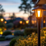 A photograph of a beautifully illuminated outdoor lighting post in a residential setting