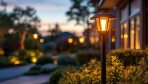 A photograph of a beautifully illuminated outdoor lighting post in a residential setting