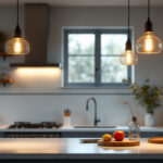 A photograph of a beautifully lit kitchen island featuring stylish pendant lights