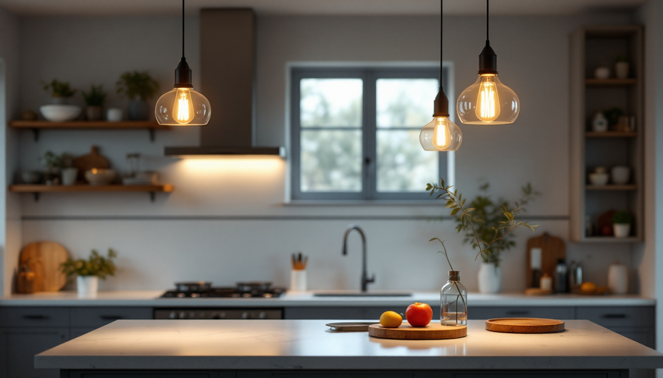 A photograph of a beautifully lit kitchen island featuring stylish pendant lights