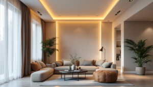 A photograph of a beautifully designed room featuring recessed lighting