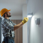 A photograph of a lighting contractor installing motion sensor indoor lights in a modern home setting