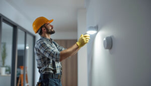 A photograph of a lighting contractor installing motion sensor indoor lights in a modern home setting