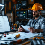 A photograph of a well-organized workspace featuring a variety of lighting tools and equipment