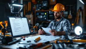 A photograph of a well-organized workspace featuring a variety of lighting tools and equipment