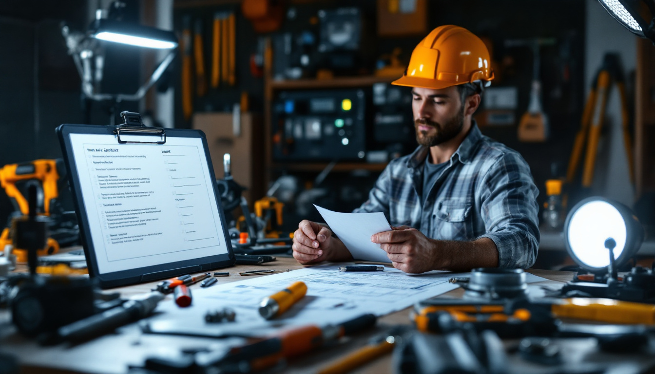 A photograph of a well-organized workspace featuring a variety of lighting tools and equipment