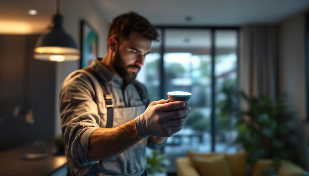 A photograph of a lighting contractor expertly installing an mr16 led lamp in a modern residential or commercial setting
