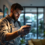 A photograph of a lighting contractor expertly installing an mr16 led lamp in a modern residential or commercial setting