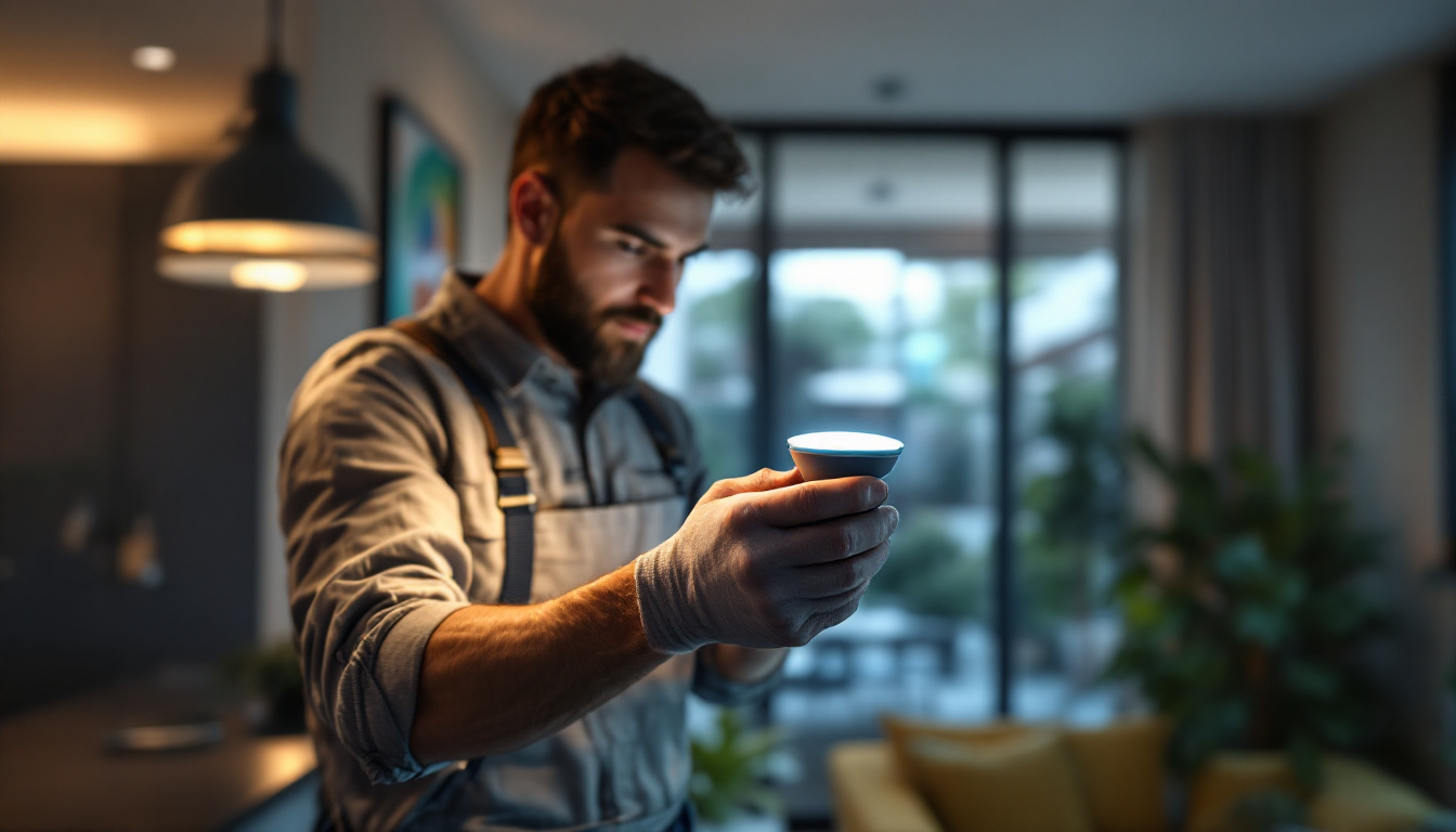 A photograph of a lighting contractor expertly installing an mr16 led lamp in a modern residential or commercial setting