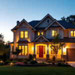 A photograph of a beautifully illuminated exterior of a residential home at dusk