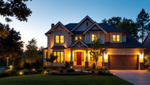 A photograph of a beautifully illuminated exterior of a residential home at dusk