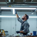 A photograph of a lighting contractor in the process of replacing a 4ft fluorescent light fixture with an led equivalent