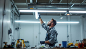 A photograph of a lighting contractor in the process of replacing a 4ft fluorescent light fixture with an led equivalent