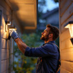A photograph of a professional lighting contractor installing a motion porch light on a home