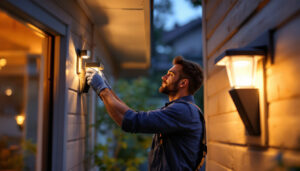 A photograph of a professional lighting contractor installing a motion porch light on a home