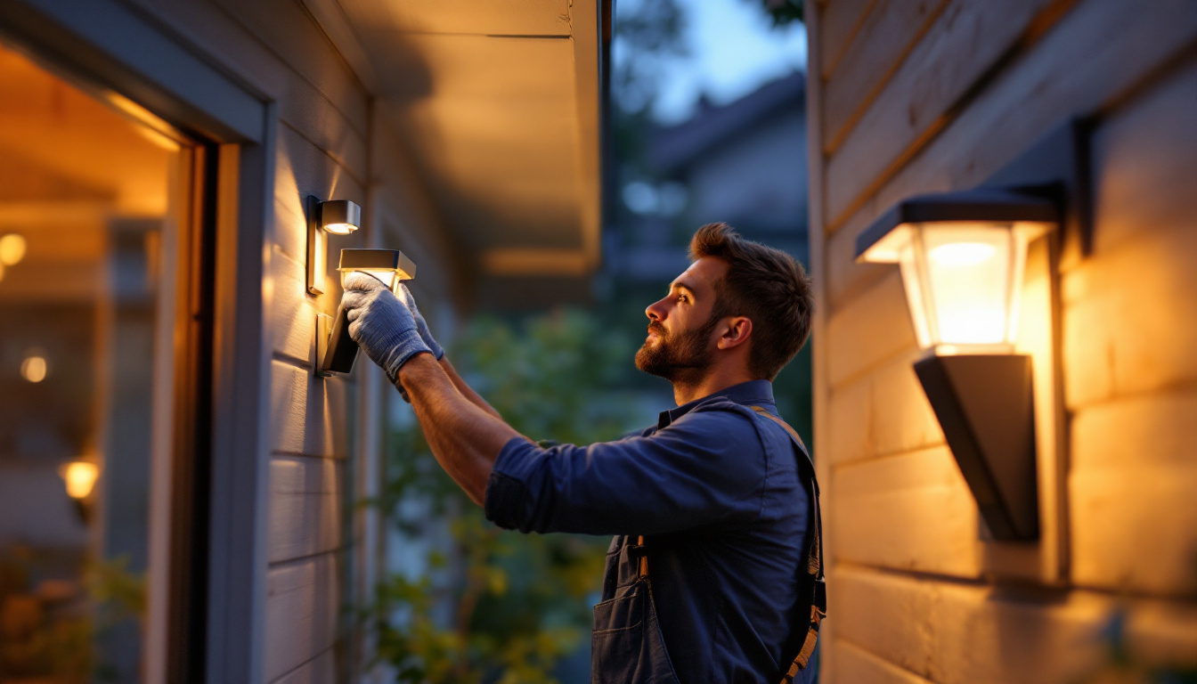 A photograph of a professional lighting contractor installing a motion porch light on a home