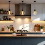 A photograph of a stylish kitchen featuring modern pendant lights that highlight the space's design and ambiance