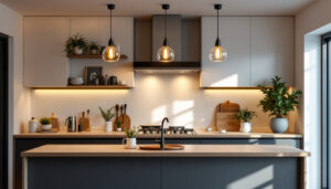 A photograph of a stylish kitchen featuring modern pendant lights that highlight the space's design and ambiance
