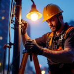 A photograph of a skilled lighting contractor installing a lamppole in an urban setting