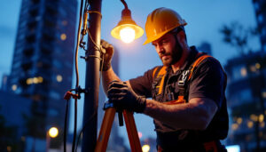 A photograph of a skilled lighting contractor installing a lamppole in an urban setting