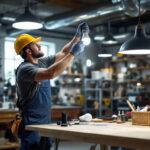 A photograph of a lighting contractor installing led shop light bulbs in a well-lit