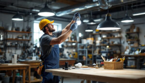 A photograph of a lighting contractor installing led shop light bulbs in a well-lit