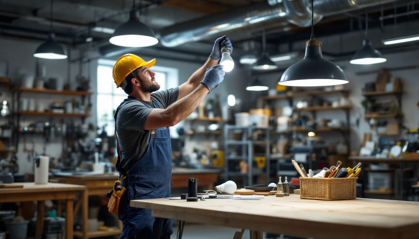 A photograph of a lighting contractor installing led shop light bulbs in a well-lit
