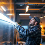 A photograph of a lighting contractor installing commercial led strip lights in a modern workspace