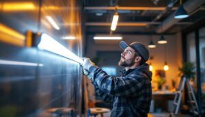 A photograph of a lighting contractor installing commercial led strip lights in a modern workspace