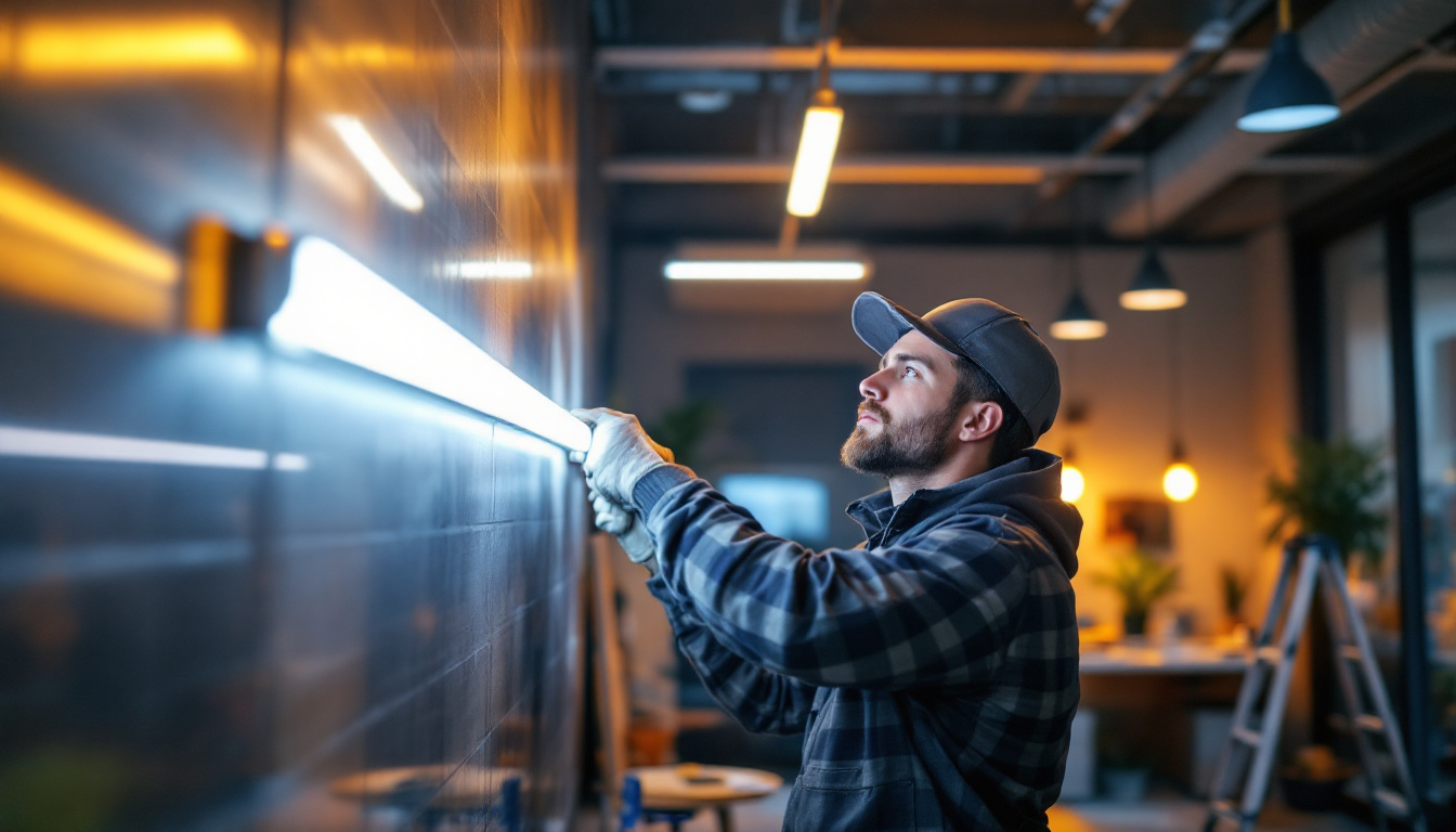 A photograph of a lighting contractor installing commercial led strip lights in a modern workspace