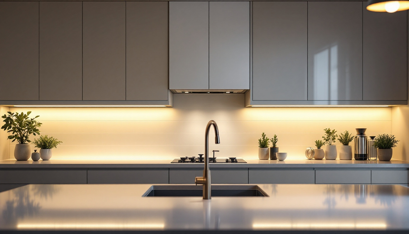 A photograph of a well-lit kitchen featuring stylish undercounter lights illuminating the workspace