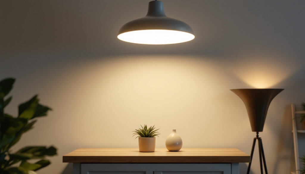 A photograph of a well-lit interior space featuring a modern overhead light fixture
