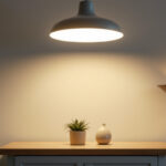 A photograph of a well-lit interior space featuring a modern overhead light fixture
