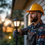 A photograph of a lighting contractor skillfully installing or adjusting a gama sonic solar light in an outdoor setting