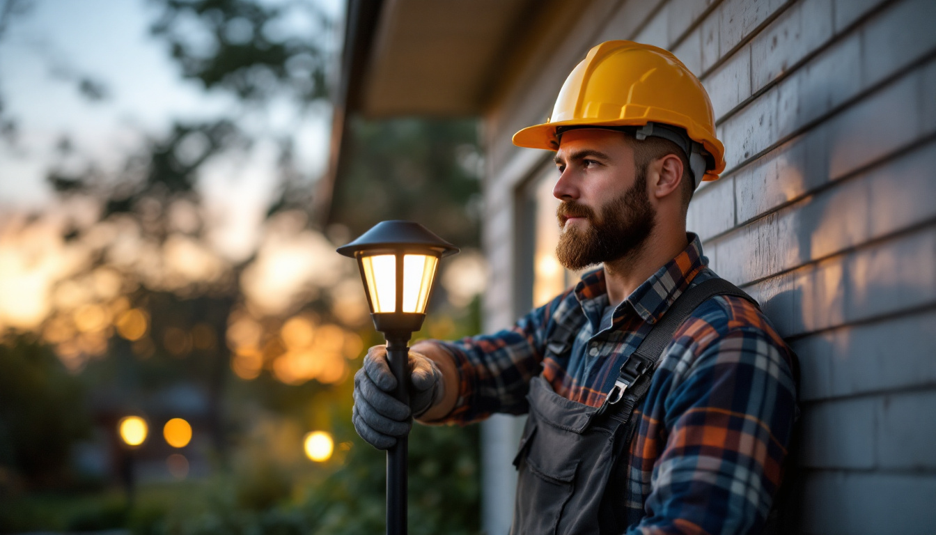 A photograph of a lighting contractor skillfully installing or adjusting a gama sonic solar light in an outdoor setting