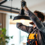 A photograph of a skilled lighting contractor expertly installing a stylish hanging lamp with a focus on the light kit components