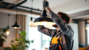 A photograph of a skilled lighting contractor expertly installing a stylish hanging lamp with a focus on the light kit components