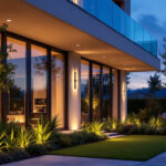A photograph of a modern outdoor space beautifully illuminated by sleek exterior led fixtures