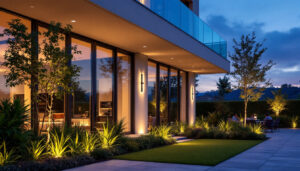 A photograph of a modern outdoor space beautifully illuminated by sleek exterior led fixtures