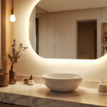 A photograph of a beautifully designed bathroom featuring the monument fluorescent vanity light in action