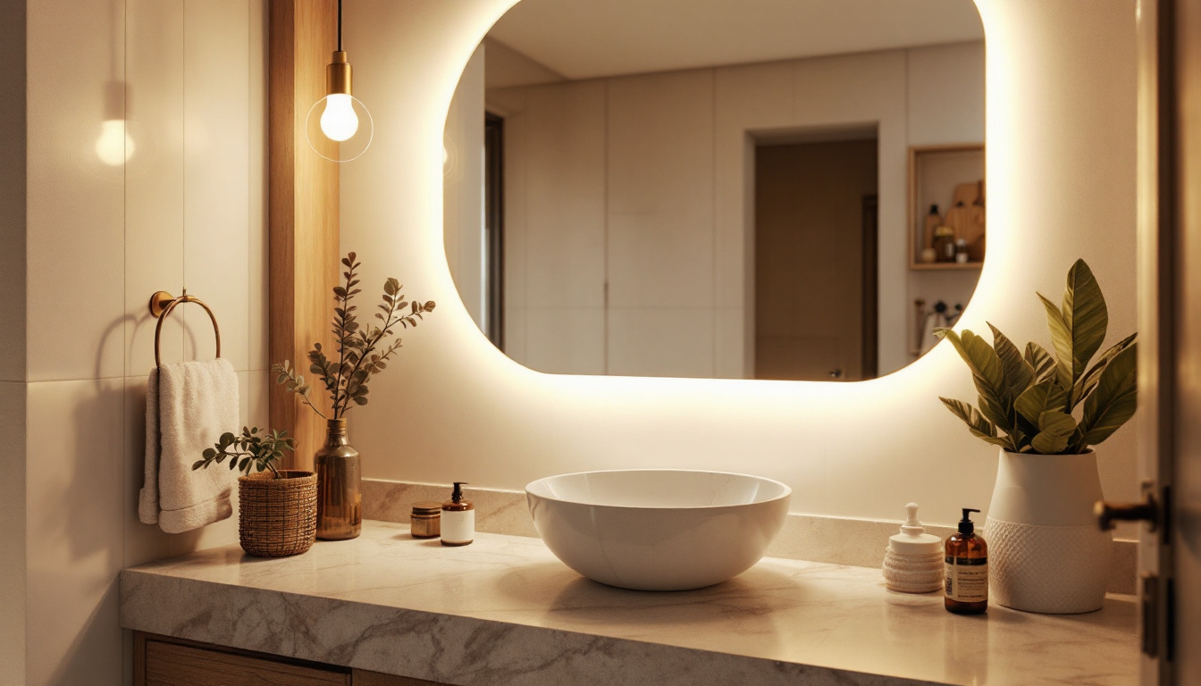 A photograph of a beautifully designed bathroom featuring the monument fluorescent vanity light in action