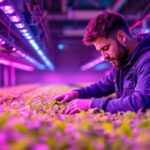 A photograph of a lighting contractor working in a hydroponic farm