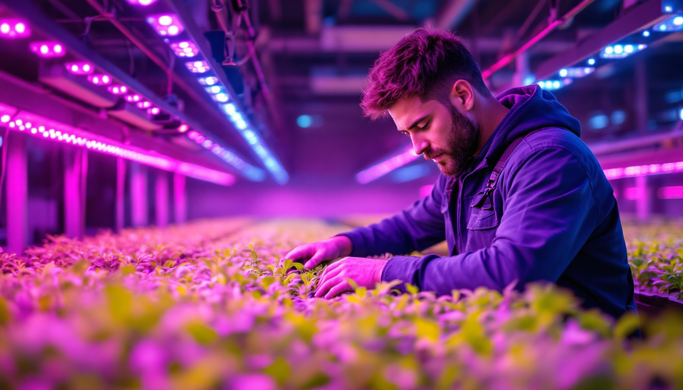 A photograph of a lighting contractor working in a hydroponic farm