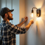 A photograph of a skilled lighting contractor installing a stylish wall sconce in a well-lit