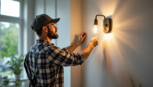 A photograph of a skilled lighting contractor installing a stylish wall sconce in a well-lit