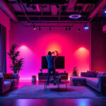 A photograph of a modern interior space showcasing vibrant rgb room lighting effects
