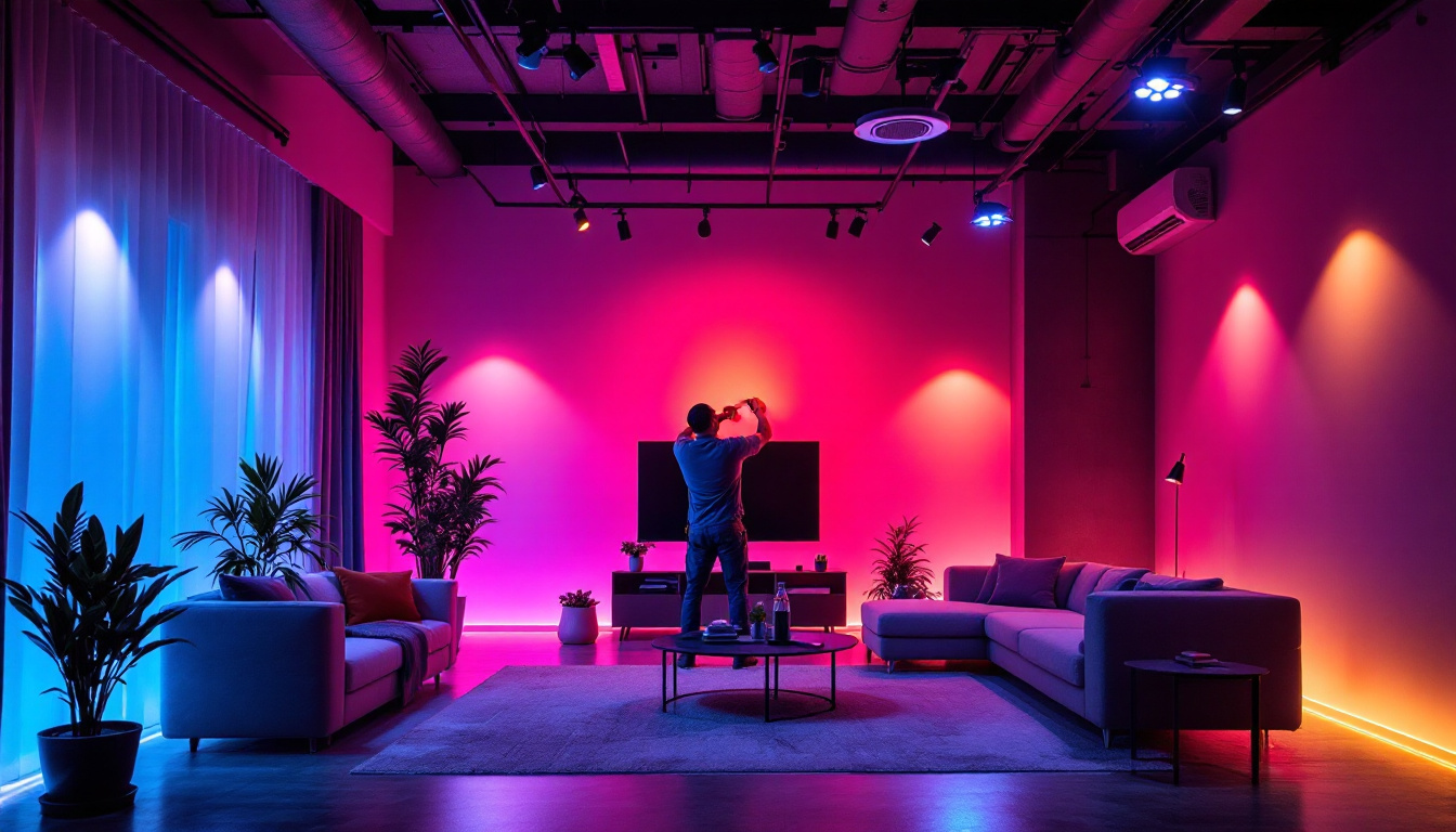 A photograph of a modern interior space showcasing vibrant rgb room lighting effects