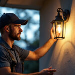 A photograph of a skilled lighting contractor installing an elegant wall sconce on the exterior of a home